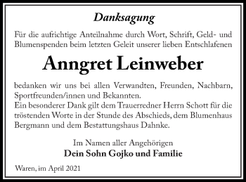 Traueranzeige von Anngret Leinweber von Müritz-Zeitung
