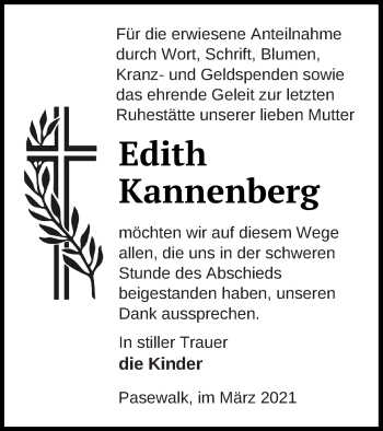 Traueranzeige von Edith Kannenberg von Pasewalker Zeitung
