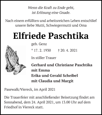 Traueranzeige von Elfriede Paschtika von Haff-Zeitung