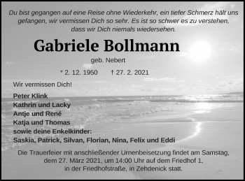 Traueranzeige von Gabriele Bollmann von Templiner Zeitung
