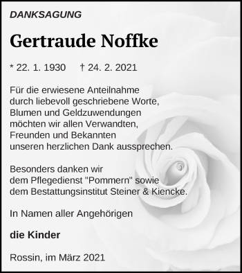 Traueranzeige von Gertraude Noffke von Vorpommern Kurier