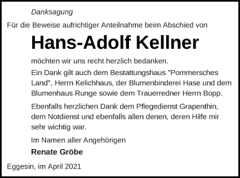 Traueranzeige von Hans-Adolf Kellner von Haff-Zeitung