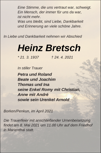 Traueranzeige von Heinz Bretsch von Pasewalker Zeitung
