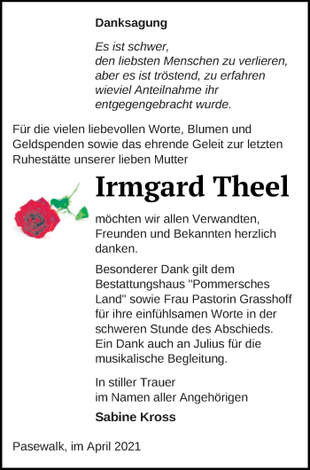 Traueranzeige von Irmgard Theel von Pasewalker Zeitung