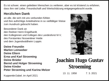 Traueranzeige von Joachim Hugo Gustav Stroeming von Müritz-Zeitung