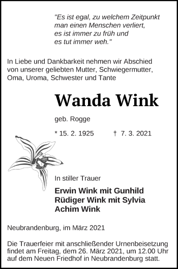 Traueranzeige von Wanda Wink von Neubrandenburger Zeitung