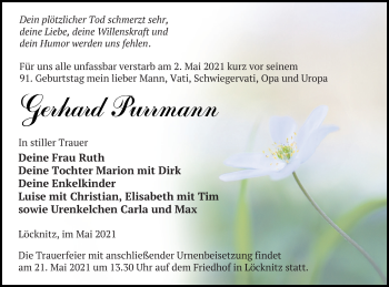 Traueranzeige von Gerhard Purrmann von Pasewalker Zeitung