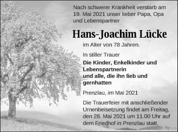 Traueranzeige von Hans-Joachim Lücke von Prenzlauer Zeitung