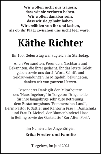 Traueranzeige von Käthe Richter von Haff-Zeitung