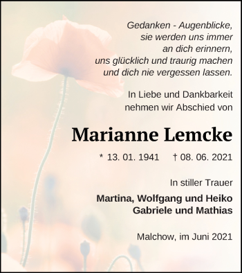 Traueranzeige von Marianne Lemcke von Müritz-Zeitung