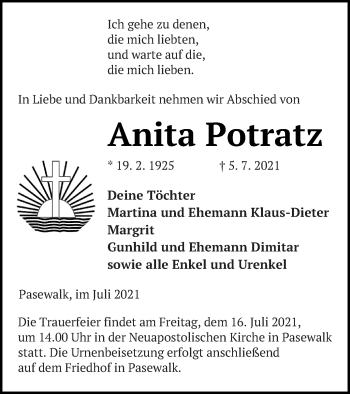 Traueranzeige von Anita Potratz von Pasewalker Zeitung