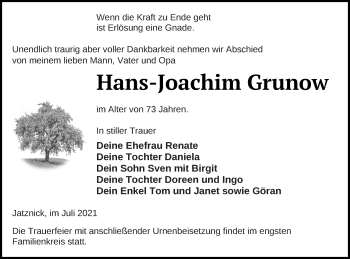 Traueranzeige von Hans-Joachim Grunow von Pasewalker Zeitung