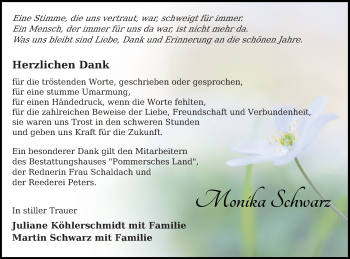 Traueranzeige von Monika Schwarz von Haff-Zeitung
