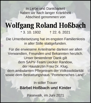 Traueranzeige von Wolfgang Roland Hoßbach von Pasewalker Zeitung