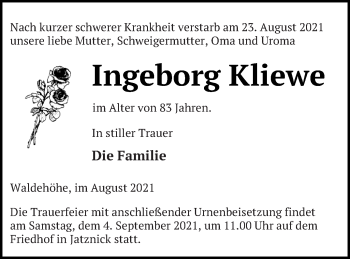 Traueranzeige von Ingeborg Kliewe von Pasewalker Zeitung