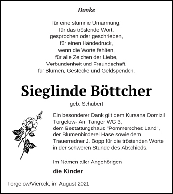 Traueranzeige von Sieglinde Böttcher von Pasewalker Zeitung