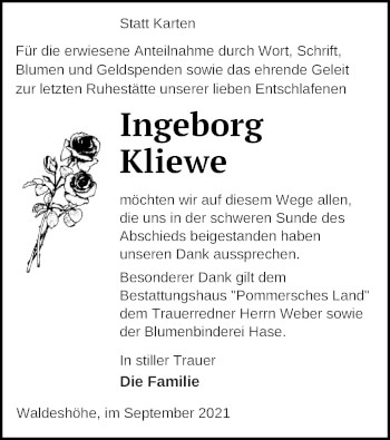 Traueranzeige von Ingeborg Kliewe von Pasewalker Zeitung