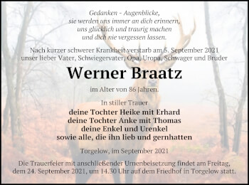 Traueranzeige von Werner Braatz von Haff-Zeitung