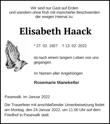 Traueranzeige von Elisabeth Haack von Pasewalker Zeitung
