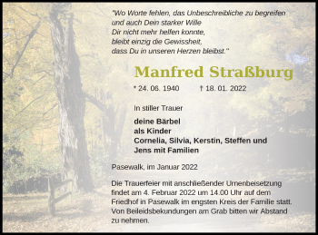 Traueranzeige von Manired Straßburg von Pasewalker Zeitung