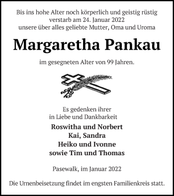 Traueranzeige von Margaretha Pankau von Pasewalker Zeitung