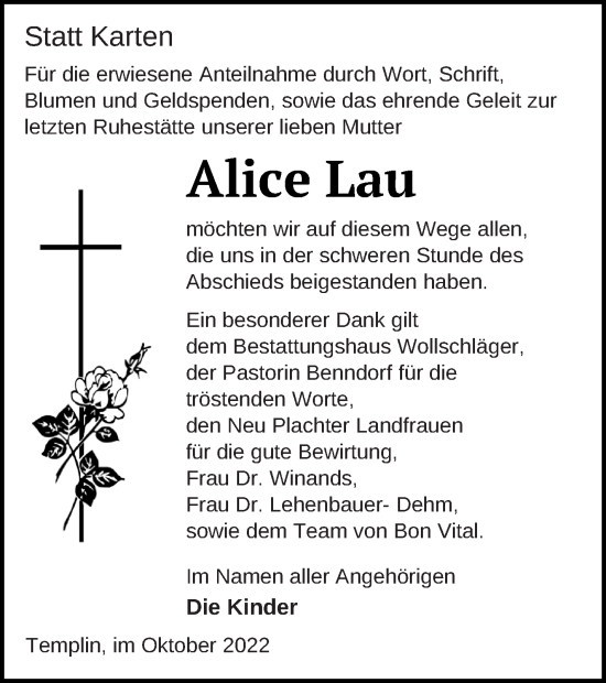 Traueranzeige von Alice Lau von Prenzlauer Zeitung