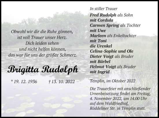 Traueranzeige von Brigitta Rudolph von Templiner Zeitung