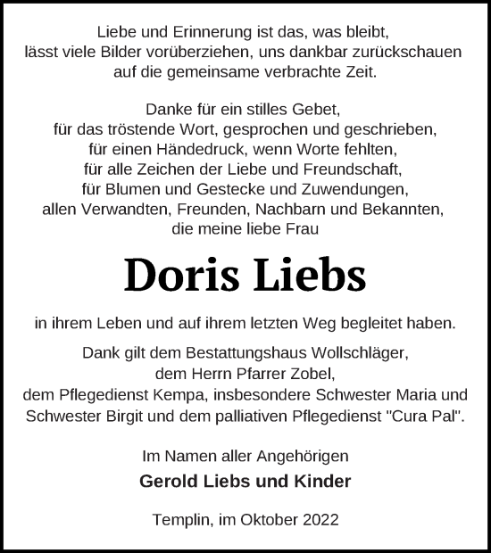 Traueranzeige von Doris Liebs von Templiner Zeitung