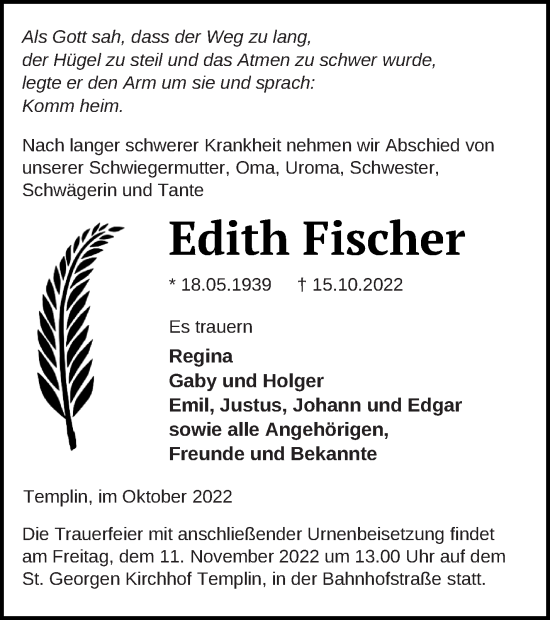 Traueranzeige von Edith Fischer von Templiner Zeitung
