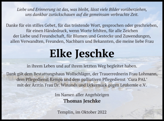 Traueranzeige von Elke Jeschke von Templiner Zeitung