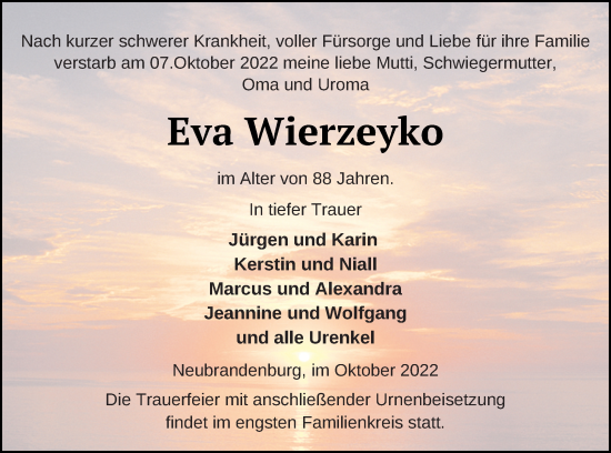 Traueranzeige von Eva Wierzeyko von Neubrandenburger Zeitung