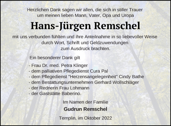 Traueranzeige von Hans-Jürgen Remschel von Templiner Zeitung