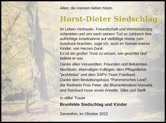 Traueranzeige von Horst-Dieter Siedschlag von Pasewalker Zeitung