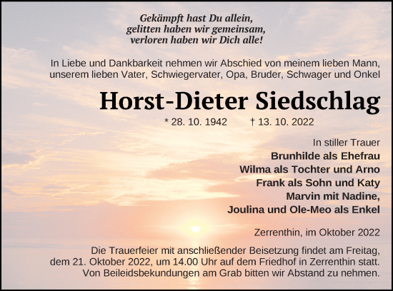 Traueranzeige von Horst-Dieter Siedschlag von Pasewalker Zeitung