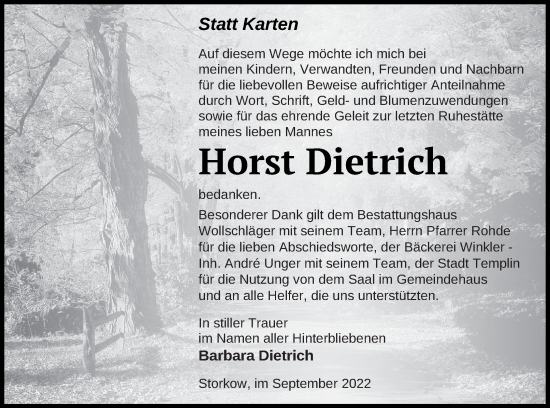 Traueranzeige von Horst Dietrich von Templiner Zeitung