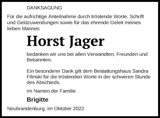 Traueranzeige von Horst Jager von Neubrandenburger Zeitung