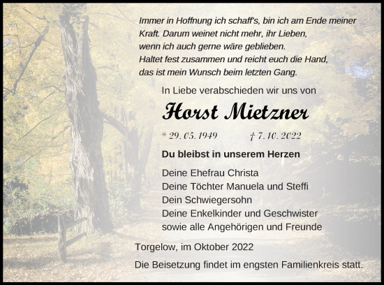 Traueranzeige von Horst Mietzner von Haff-Zeitung