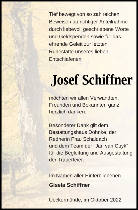 Traueranzeige von Josef Schiffner von Haff-Zeitung