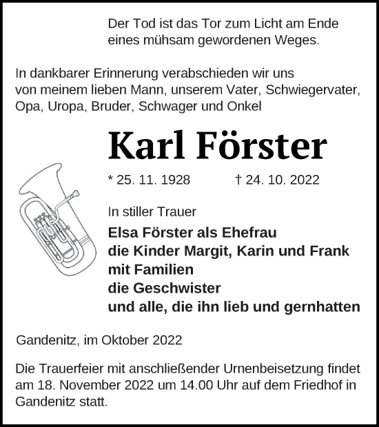 Traueranzeige von Karl Förster von Templiner Zeitung