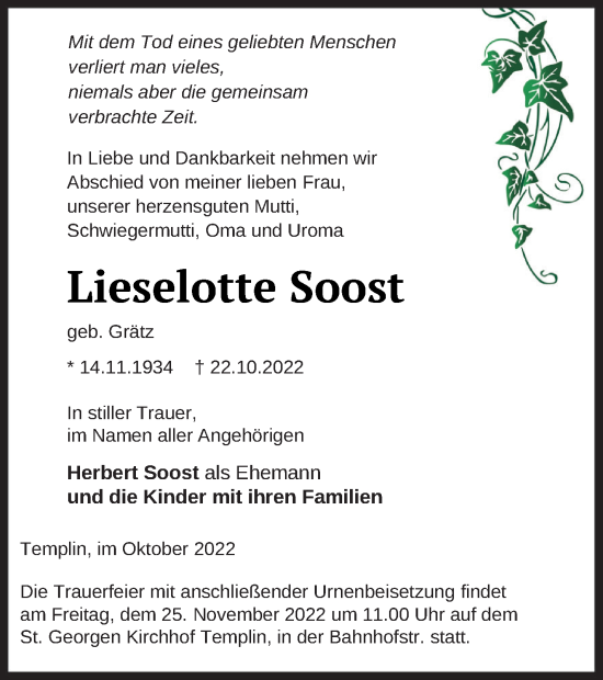 Traueranzeige von Lieselotte Soost von Templiner Zeitung