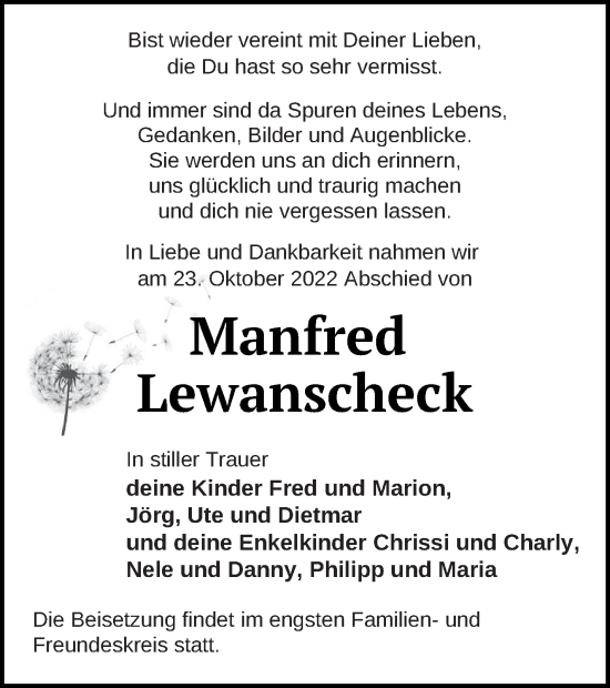 Traueranzeige von Manfred Lewanscheck von Templiner Zeitung