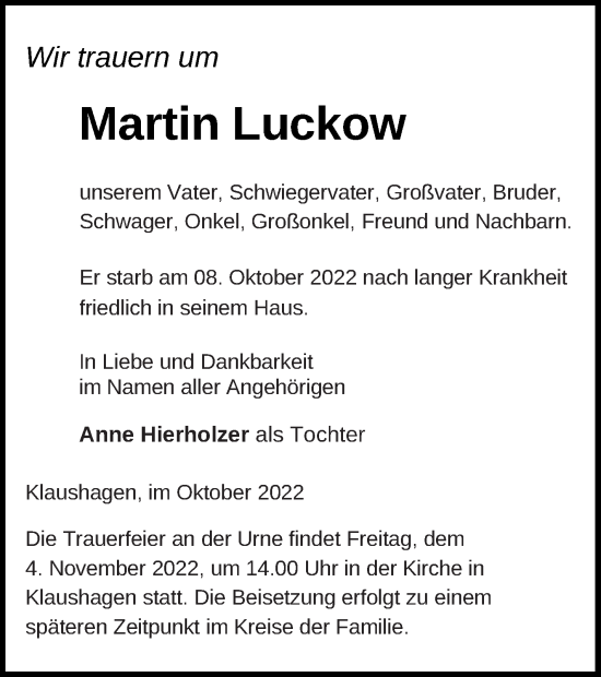Traueranzeige von Martin Luckow von Templiner Zeitung