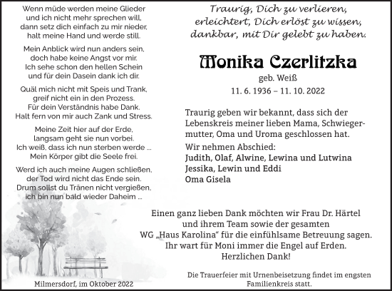 Traueranzeige von Monika Czerlitzka von Templiner Zeitung