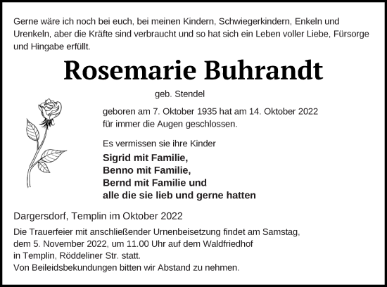 Traueranzeige von Rosemarie Buhrandt von Templiner Zeitung