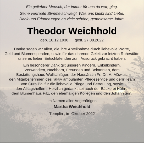 Traueranzeige von Theodor Weichhold von Templiner Zeitung