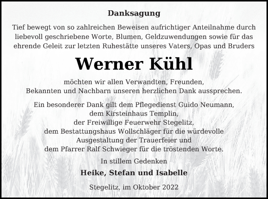 Traueranzeige von Werner Kühl von Templiner Zeitung