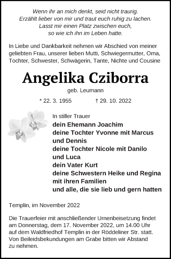 Traueranzeige von Angelika Cziborra von Templiner Zeitung
