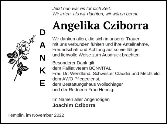 Traueranzeige von Angelika Cziborra von Templiner Zeitung