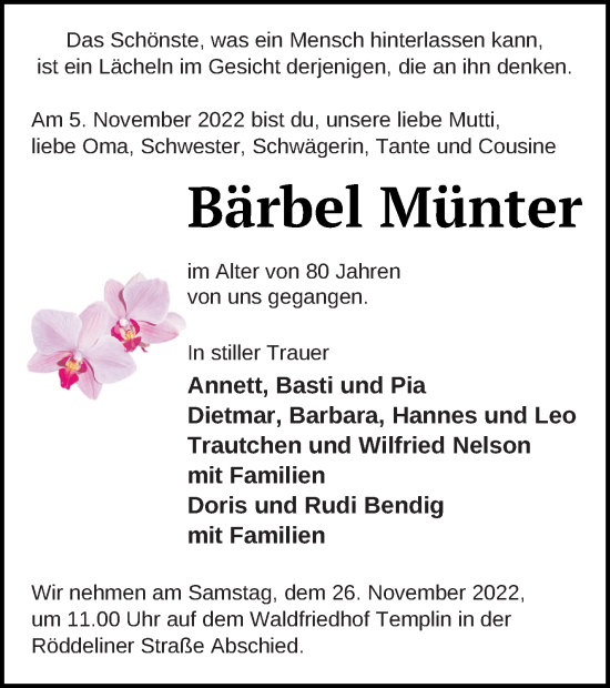 Traueranzeige von Bärbel Münter von Templiner Zeitung