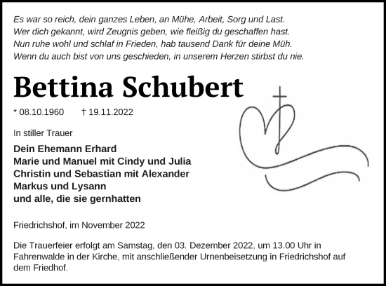 Traueranzeige von Bettina Schubert von Pasewalker Zeitung